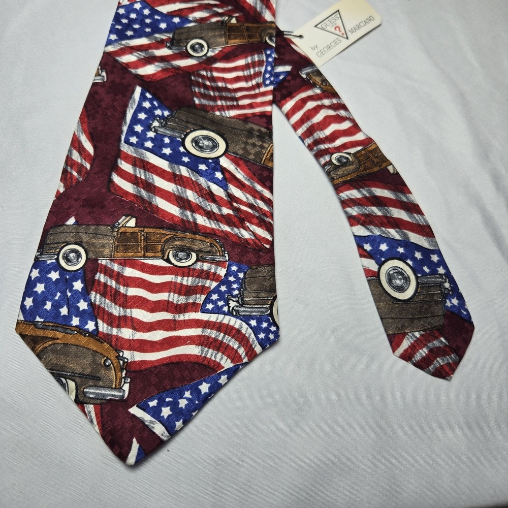 Vintage Guess By Georges Marciano Silk Neck‎ Tie Car America Flag 56 Inches USA